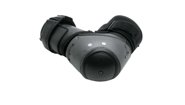 Curved protective black knee pads with straps, rivets and padding