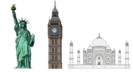 Iconic Global Landmarks: Statue of Liberty Big Ben and Taj Mahal. © Rizal