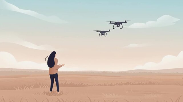 Illustration showing a woman in a field watching three drones fly in a blue sky with fluffy clouds