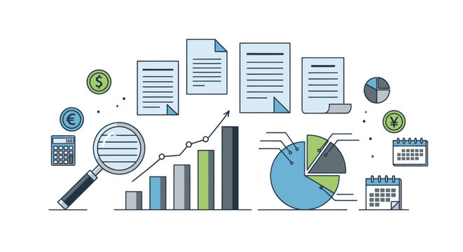 Business and Financial Analysis with Charts Documents and Magnifying Glass. - Powered by Adobe