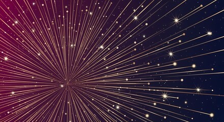 Abstract background of golden light trails and particles exploding outwards in space.