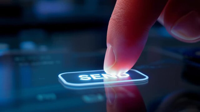 A finger presses a glowing "SEND" button on a sleek digital interface, with a blue gradient background