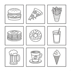 a collection of nine black and white drawings of various food and drink items, arranged in a 3x3 grid. The items include a burger, pizza slice, french fries, pancakes, a donut, a drink with a straw,