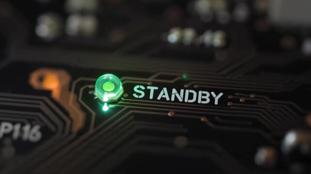Macro shot of a computer circuit board highlighting the word "STANDBY" and an illuminated button