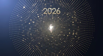 The year 2026 in golden text floating above a swirling vortex of glowing particles on a dark blue background.