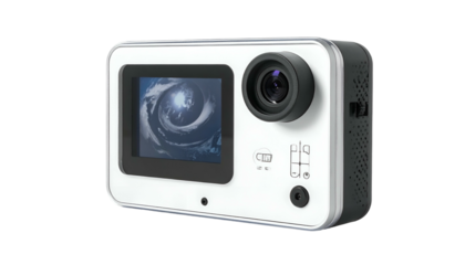 Compact, white camera displaying a hurricane image on its screen
