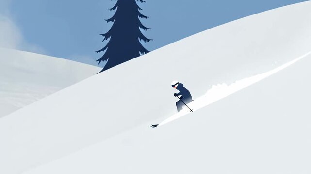 Stylized illustration of a skier descending a snowy slope with sparse trees. Falling snow in a blue sky