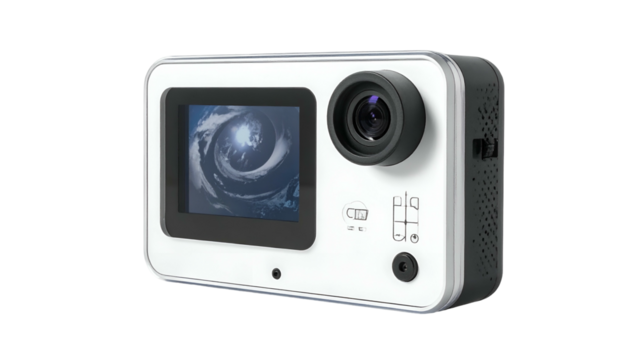Compact, white camera displaying a hurricane image on its screen