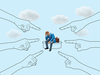 A distressed miniature businessman sits on a pedestal, surrounded by accusatory hands pointing at him from all directions. This image tells a story of social pressure