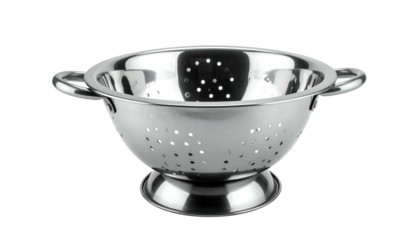 Polished metal colander with handles, base, and drainage holes