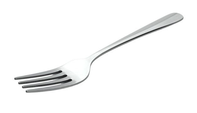 Simple shiny metal fork with four tines angled on a dark background