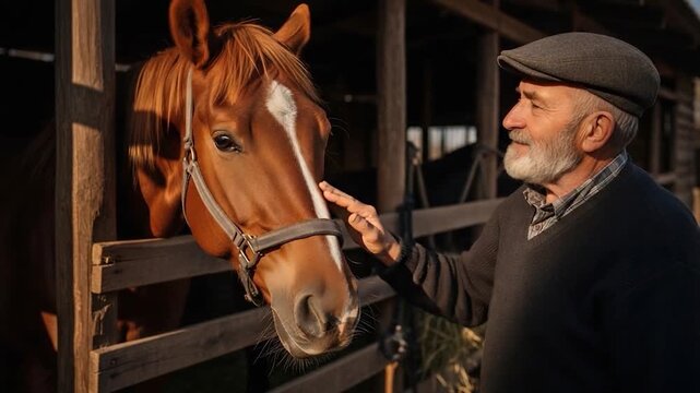 Elderly farmer lovingly strokes his horse in a stable at sunset.