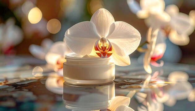 A white orchid bloom gracefully rests above a small cream jar, bathed in soft light, with other orchids - Powered by Adobe