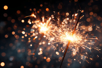 Obraz premium Sparkling celebration with glowing embers and bokeh lights creates a magical festive atmosphere perfect for holidays and special events.