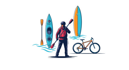 Man with paddle kayak surfboard and bicycle for outdoor adventure sports illustration.