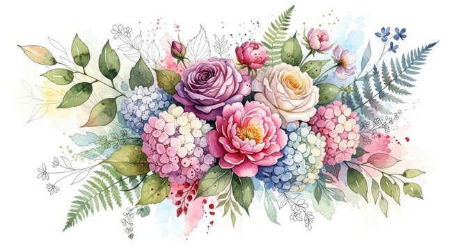 Watercolor flower arrangement of roses, hydrangeas, peonies and fern leaves - Powered by Adobe