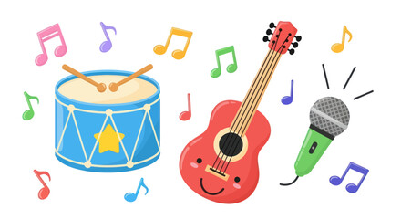 Colorful Cartoon Musical Instruments with Smiling Guitar and Microphone.