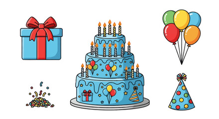 Colorful Birthday Celebration Items Collection with Cake Gift Balloons and Party Hat.
