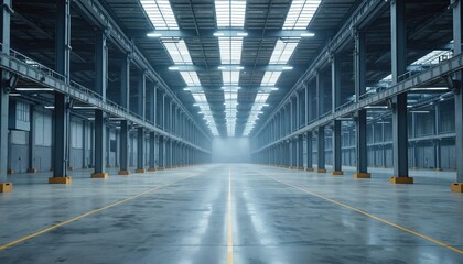 Vast empty industrial warehouse interior perspective view. Tall metal pillars support ceiling with skylights. Concrete floor has yellow lines, suggesting logistics route.