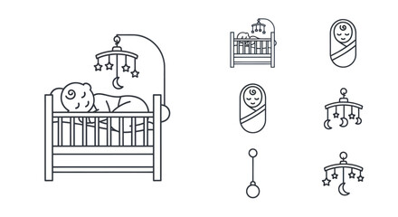 Baby and Nursery Line Art Icons Set: Sleeping Newborn in Crib with Mobile.