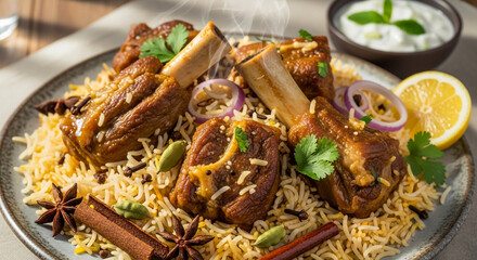 Delicious mutton biryani recipe indian style with rice and spices closeup view
