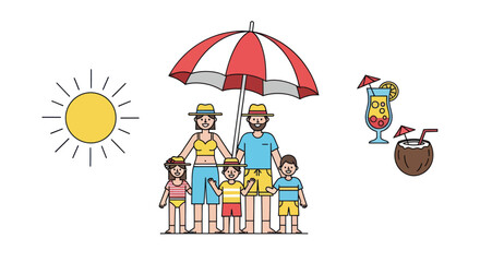Happy Family Enjoying a Sunny Beach Vacation Under a Red Umbrella with Tropical Drinks.