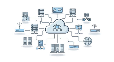 Cloud Computing Network Diagram with Connected Servers and Devices.