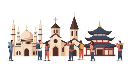 Diverse Travelers Exploring Iconic Religious Buildings: Mosque Church and Temple.