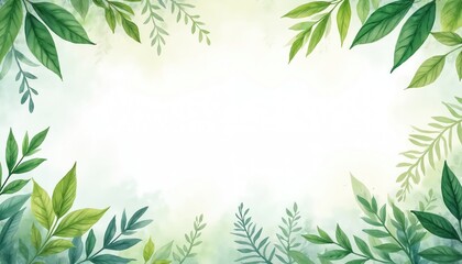 Obraz premium Green leaves frame empty space for text. Fresh foliage borders light background with soft watercolor effect. Nature concept for design, promo, or eco themes.