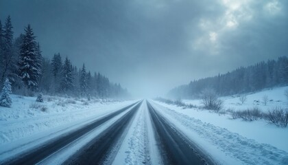 Obraz premium Empty asphalt road winds through snow covered forest during fierce blizzard. Low visibility creates harsh wintry conditions. Travel is dangerous in this isolated, bleak landscape.