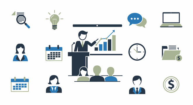 Business Presentation with Audience and Supporting Icons.