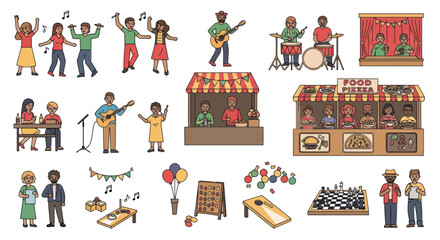 Diverse Group of People Enjoying Music Food and Games.