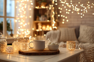 Warm holiday glow with sweet treats and twinkling lights, perfect for cozy winter nights in a peaceful home, inviting relaxation and simple joys