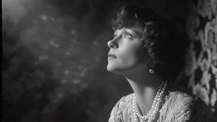 Elegant Woman in Pearls Gazing Upwards in Dramatic Lighting. - Powered by Adobe