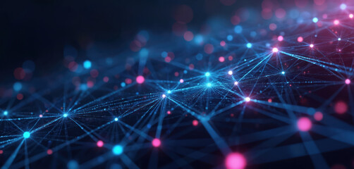 Abstract blue and pink digital network grid with glowing nodes and connecting lines. Represents global data flow, cyberspace connections, and future tech.