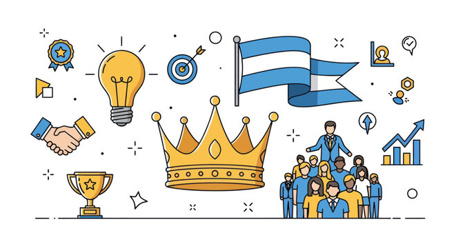 Business Success and Leadership Illustrated with Crown Flag and Team.