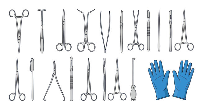 Illustrated collection of medical surgery equipment with forceps scalpels scissors and blue latex gloves.