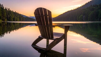 A wooden Adirondack chair sits in calm lake water, reflecting the warm hues of the sunrise. Mountains and trees frame the idyllic scene