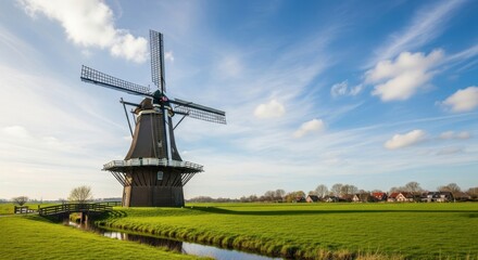 Idyllic dutch landscape showcasing a traditional windmill on a clear and vibrant sunny day