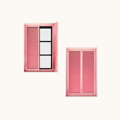Minimal summer aesthetic two pink shutter windows on light pink wall. Natural sunlight creates soft shadows, modern design. Concepts of summer, vacation, tropical style, architecture, home decor