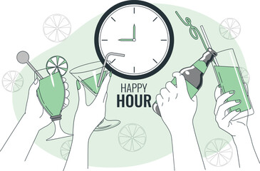 Hands Holding Cocktails and Drinks During Happy Hour with Clock vector illustration