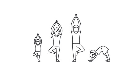 Line art illustration of a family practicing yoga poses.