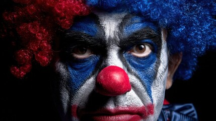 Close-up of a serious man with clown makeup and colorful curly wig, dark background, expressive facial expression, detailed face paint, theatrical costume