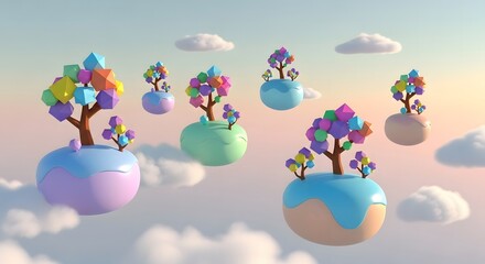 Naklejka premium A surreal 3D rendered landscape featuring floating pastel islands with magical trees bearing colorful geometric crystal leaves in a dreamy sky
