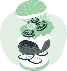 Exploded View of a Burger with Ingredients vector illustration