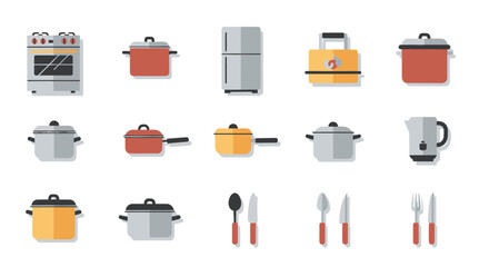 Collection of modern kitchen appliances and cookware in flat design style.