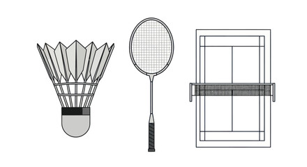 Badminton Equipment: Shuttlecock Racket and Court Outline.