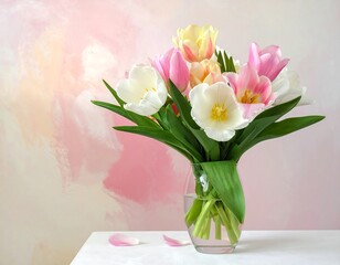 Obraz premium A vibrant bouquet of tulips in various colors, arranged in a glass vase on a white surface, against a soft, painted backdrop