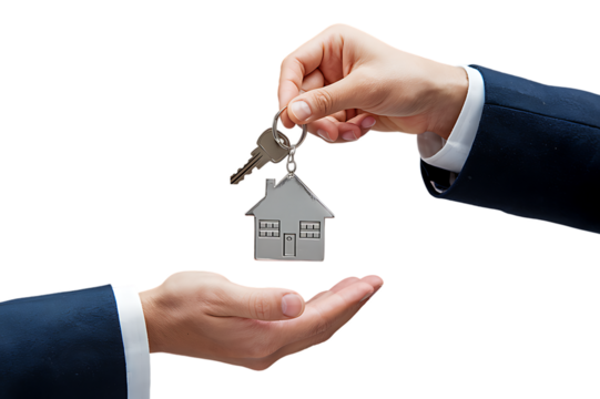 Real estate agent's hand giving house keys to a new homeowner. Isolated on transparent background, png