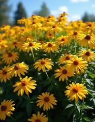 Abundant yellow Rudbeckia maxima flowers grow in garden on sunny day. Closeup to black-eyed susan with clear blue sky in backdrop. Flora blooms with vivid colour outdoor in field.